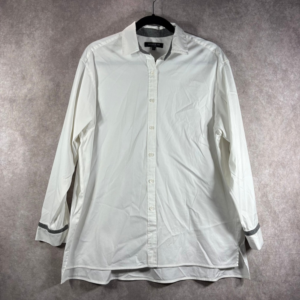 Lafayette 148 Button Down Shirt Womens Small White Beaded Trim Long Sleeve‎ Top